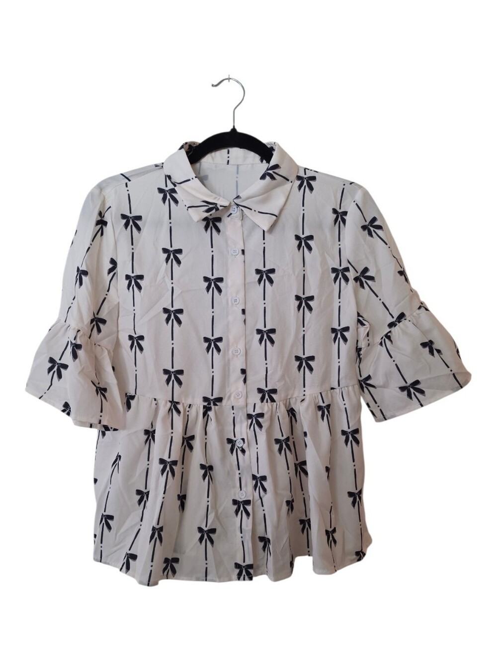 Feminine Bow Print Ruffle Sleeve Peplum Blouse NWOT - Picture 2 of 5